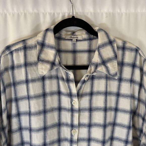 Madewell Flannel Shirt Women's 1X White Blue Plaid Button Up Long Sleeve Cropped - Picture 2 of 10